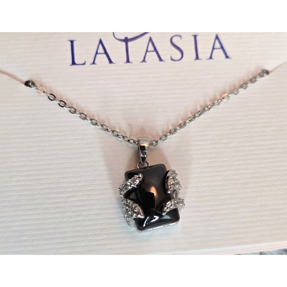 Latasia Black Stone Pendant Necklace Silver Tone Crystal Accent Jewelry #353